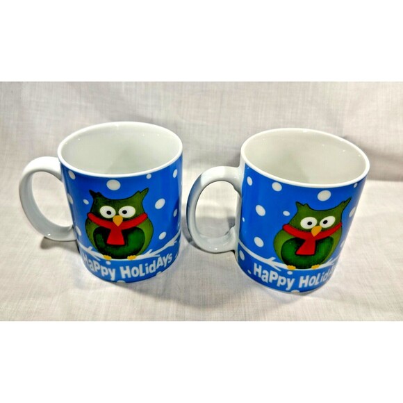 SET OF 2 Pier 1 One Imports Mugs- Happy Holidays Christmas Santa Owls Coffee Tea - Picture 2 of 7